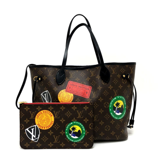 Louis Vuitton handbag with multiple stickers on a white background