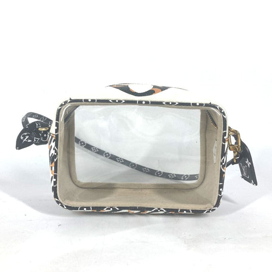 Clear makeup bag with patterned strap on a white background