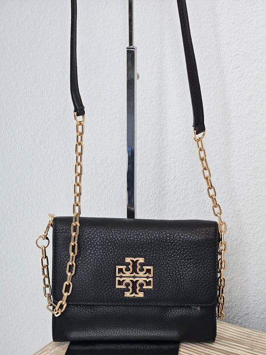 Tory Burch Britten Chain Leather Wallet Black gold hardware