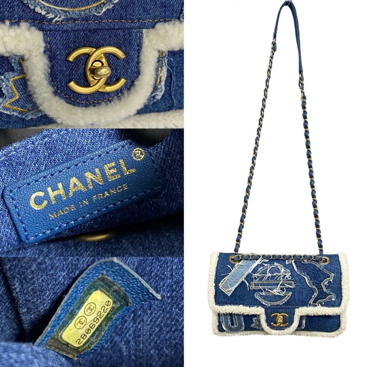 Collage of a blue denim handbag with Chanel branding, including the logo and 'Made in France' label.