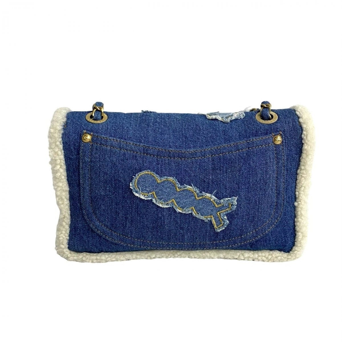 Blue denim pouch with white trim and embroidered design on a white background