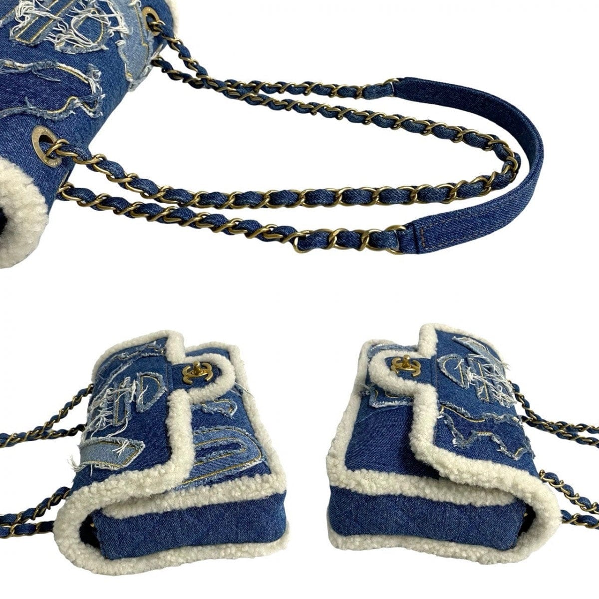 Blue dog boots with white fur lining and gold accents on a white background