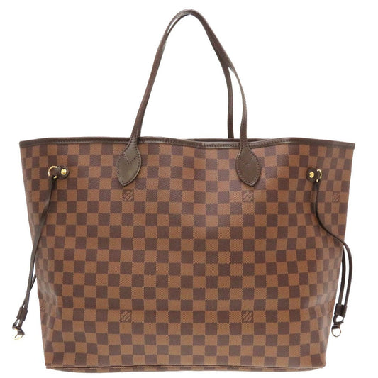 Brown checkered handbag with gold accents on a white background