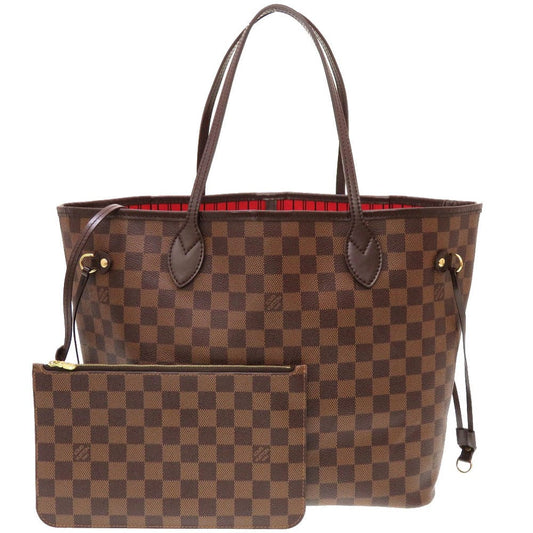 Brown checkered handbag with matching pouch on a white background