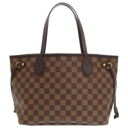 Brown checkered handbag with gold accents on a white background