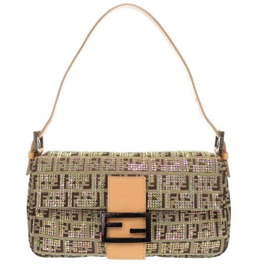 Patterned handbag with a visible brand logo on a white background