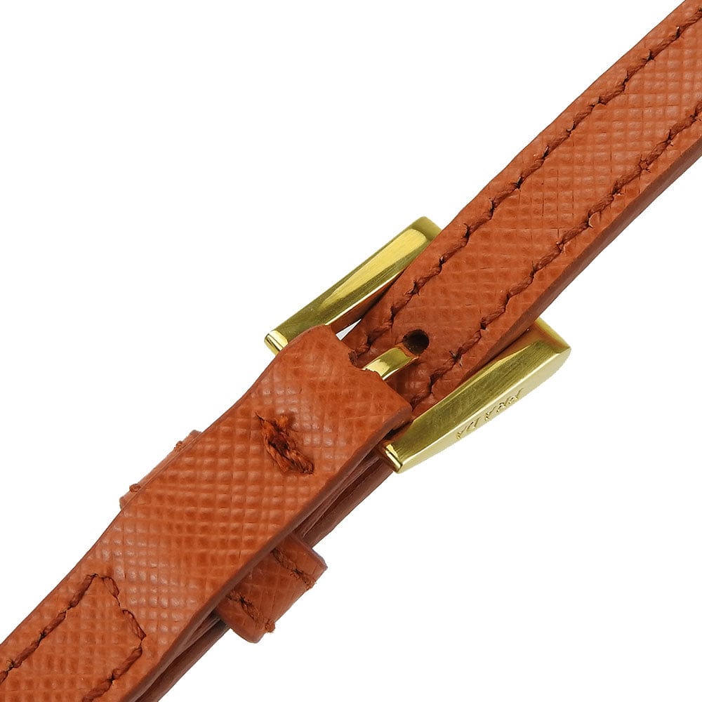 Close-up of a brown leather strap with a gold buckle on a white background
