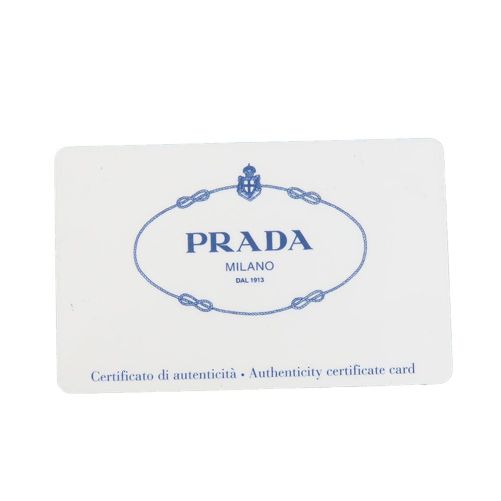 Prada authenticity certificate card with brand logo on a white background