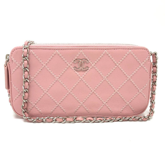 Chanel Lambskin Quilted Wildstitch Small Clutch w/Chain Pink