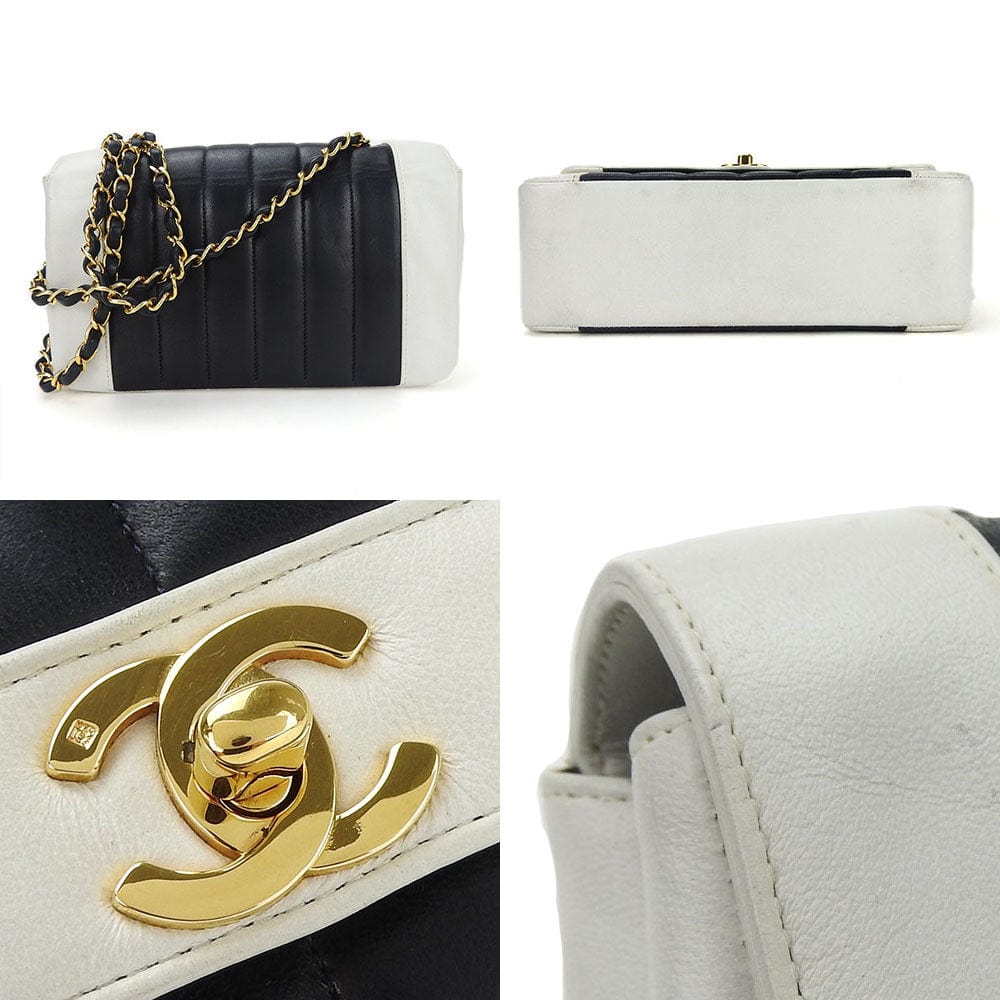 Collage of a black and white handbag with gold chain and logo, showing different angles and details.