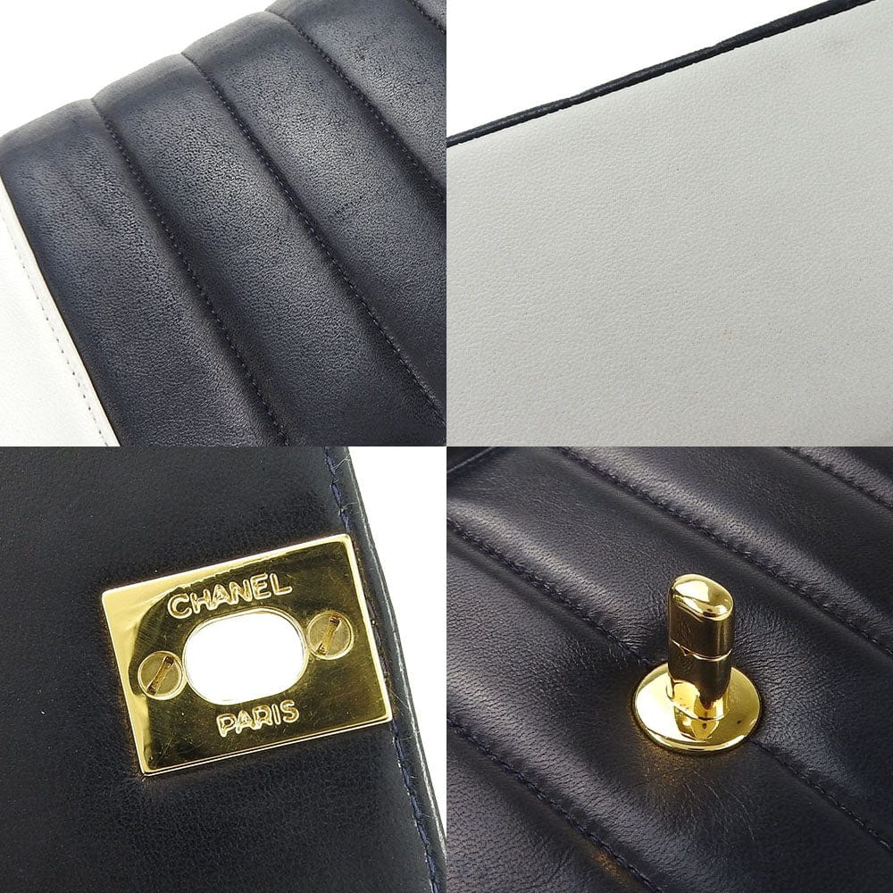 Close-up details of a Chanel handbag including leather texture, gold logo, and clasp.