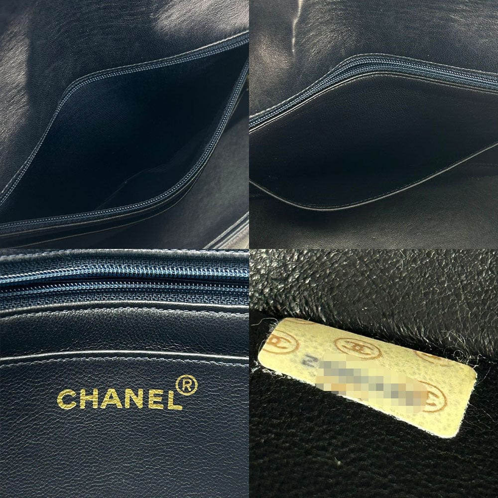 Close-up of a Chanel handbag with visible branding and texture details.