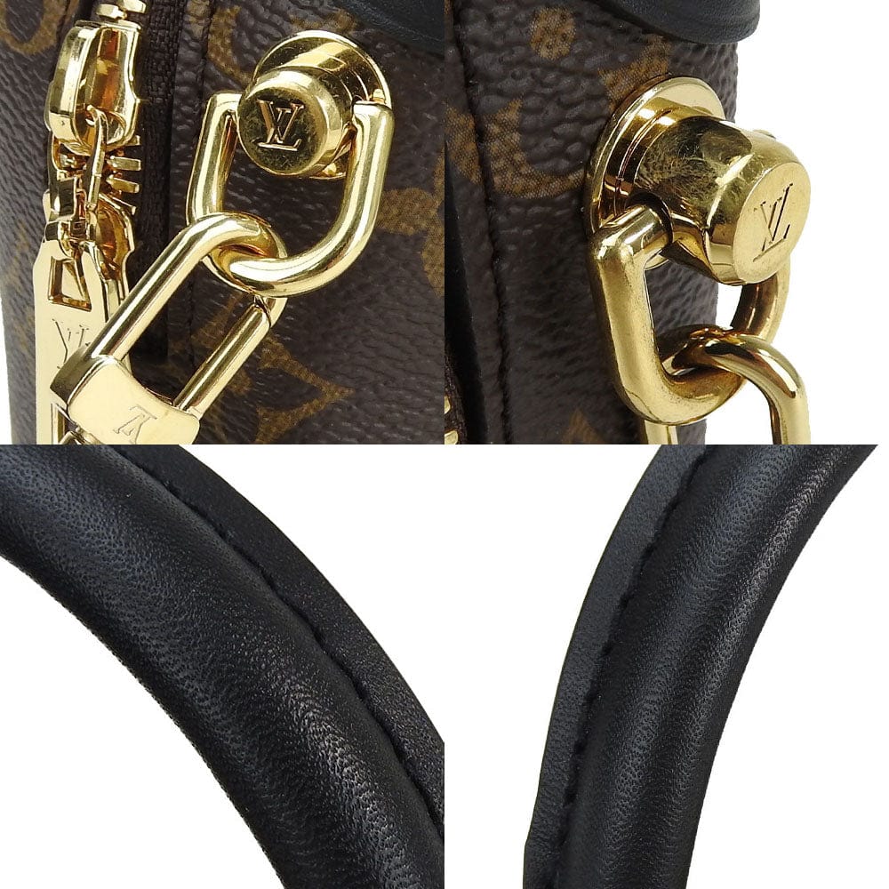 Close-up of a Louis Vuitton handbag with gold hardware and black leather strap.