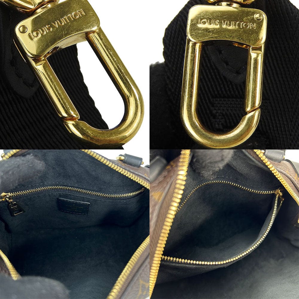 Close-up of a Louis Vuitton gold hardware on a bag with additional views.