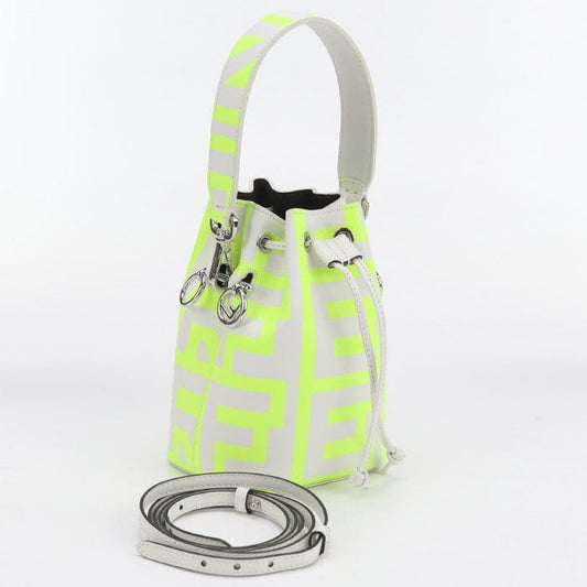 Neon green and white handbag with matching belt on a white background