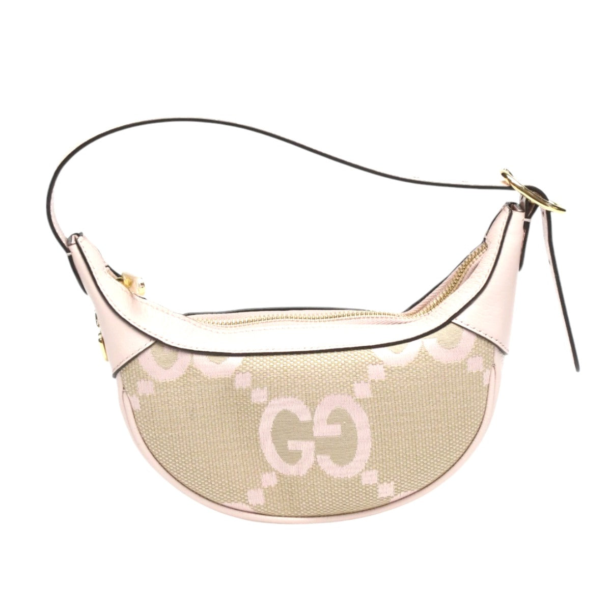 Beige handbag with pink 'GG' logo on a white background
