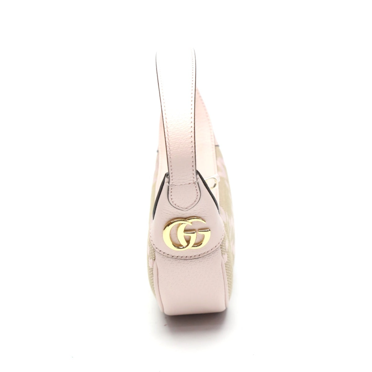 Pink handbag with gold logo on a white background