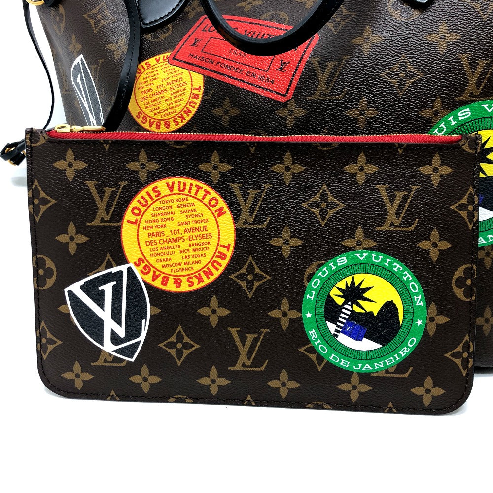 Louis Vuitton bag with various patches on a white background