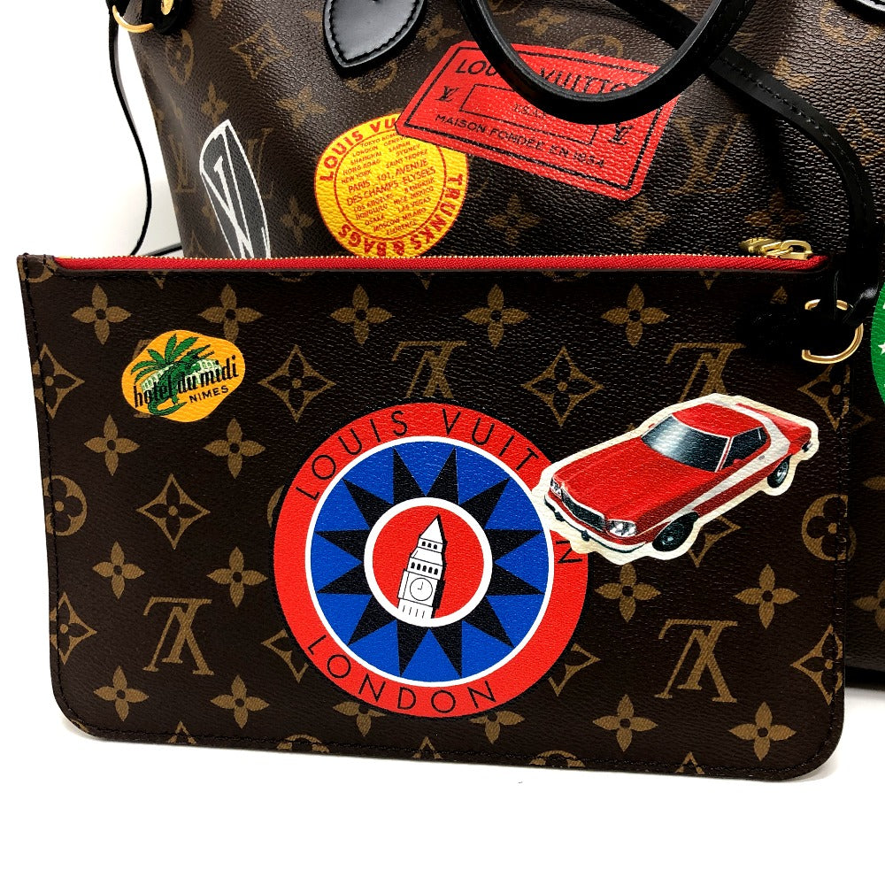 Louis Vuitton bag with various stickers on a white background