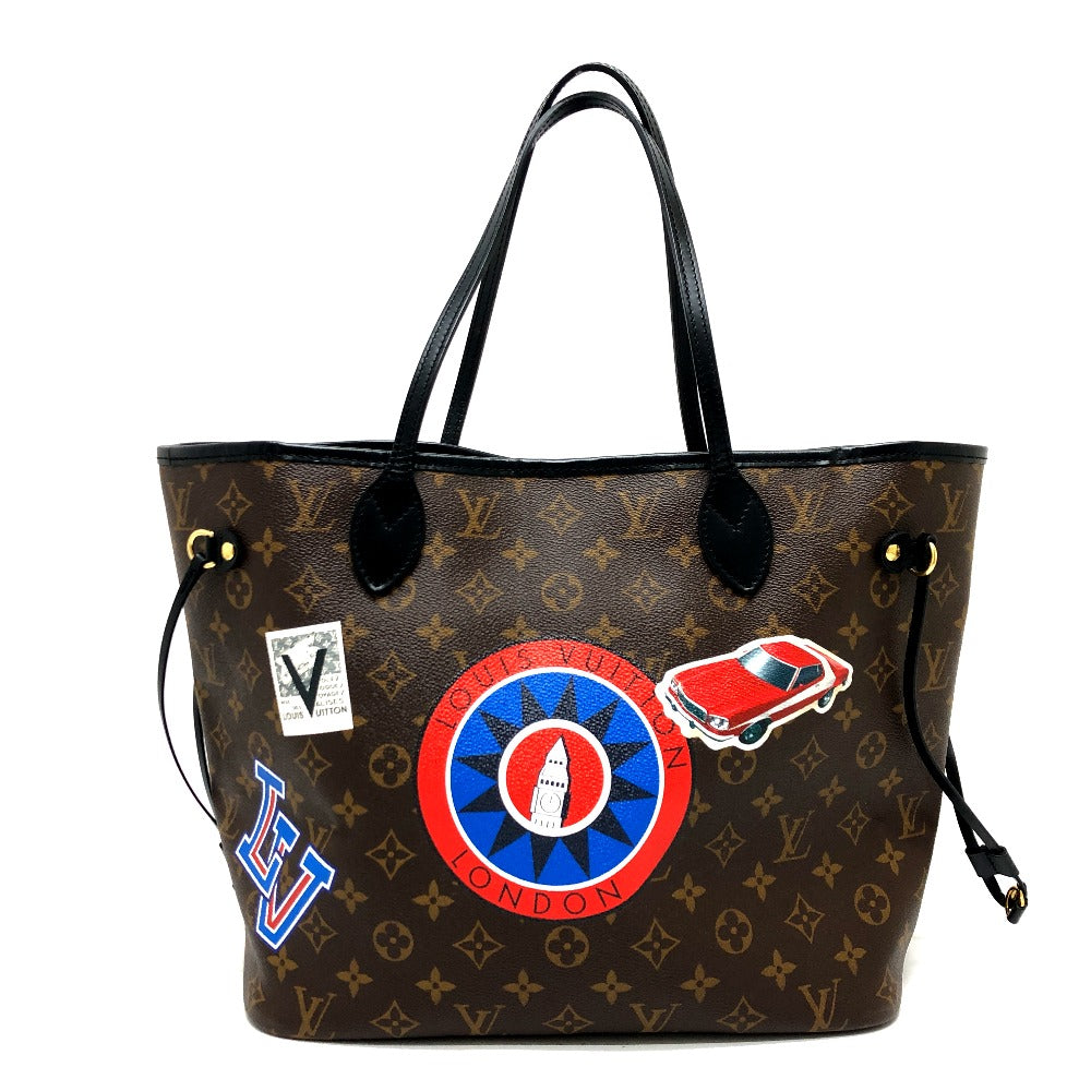 Designer handbag with patches and logos on a white background