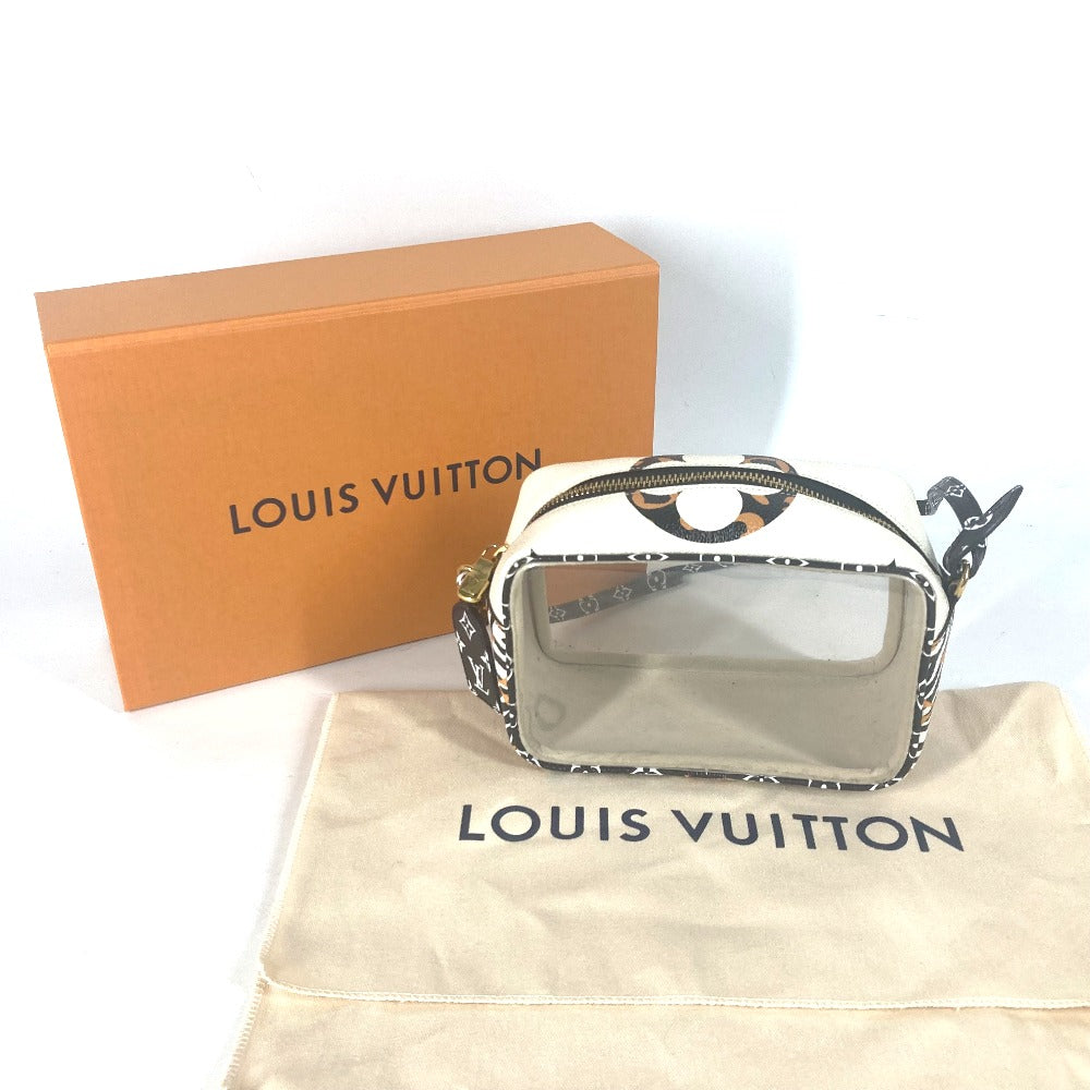Louis Vuitton clear makeup bag with monogram pattern on a white background