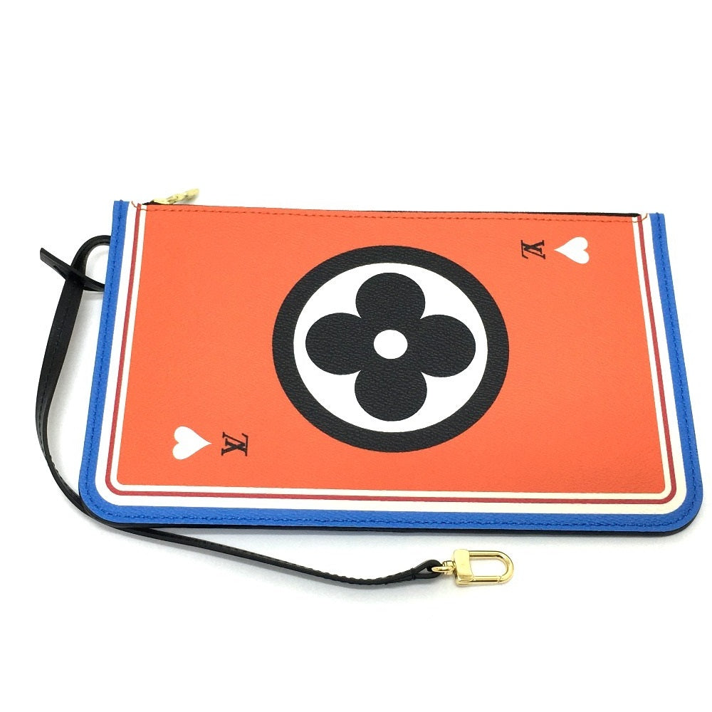 Orange pouch with black floral design and blue border on a white background