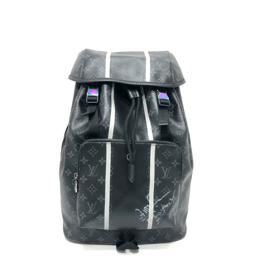 Black backpack with white stripes on a white background
