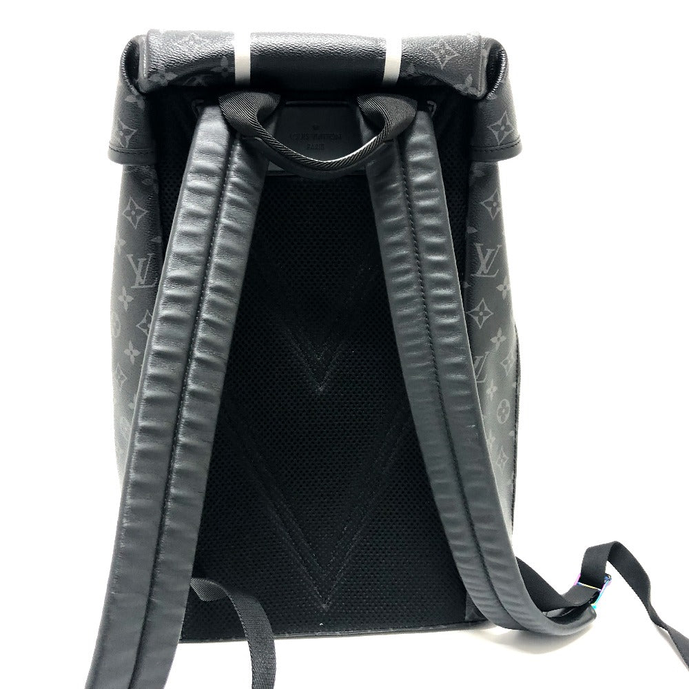 Black backpack with patterned straps on a white background