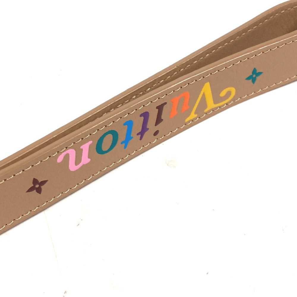 Brown leather strap with colorful 'Louis Vuitton' branding on a white background