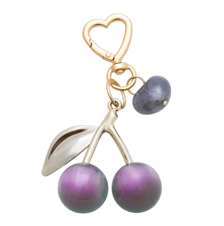 Cherries Bag Charm Keychain Purple– Gold Heart Clip | Acrylic Cherry Charm | Boutique Accessory | New
