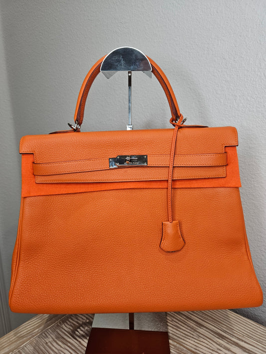 Pre-Loved Hermes Kelly 35 Tangerine Orange Clemence Leather 2-Way