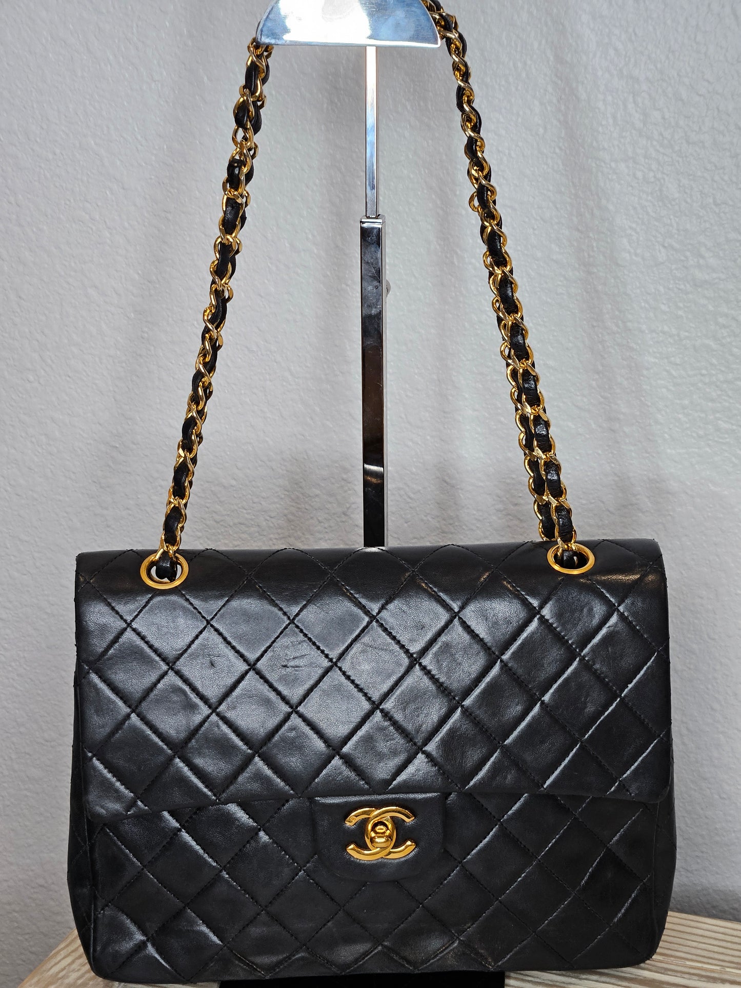 Pre-Loved Vintage Chanel Medium Square 25 Double Flap Lambskin Black and Gold"Sold Out"