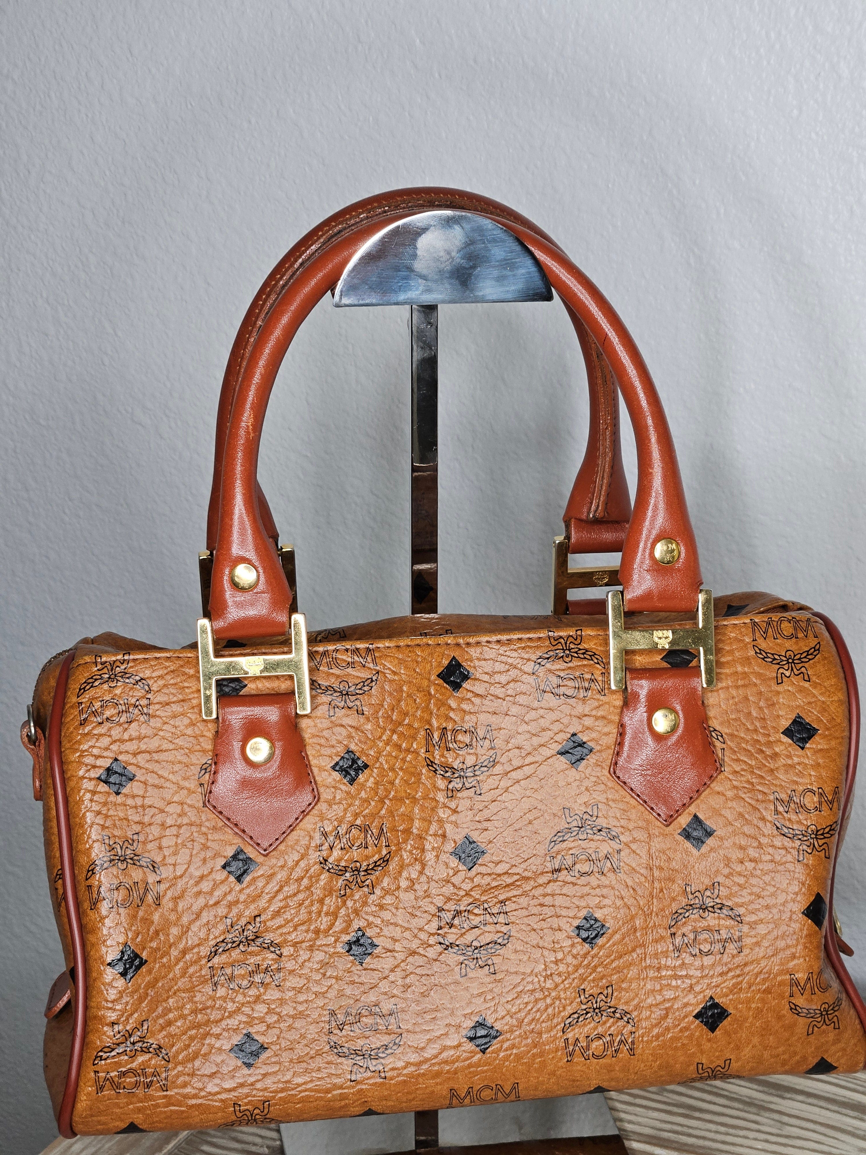 MCM Logo Printed Boston Bag – Neutral Leather | Gold Hardware | Pre-Owned