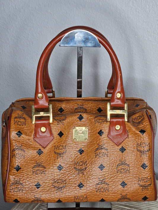 Pre-Loved MCM Logo Printed Leather Boston Bag