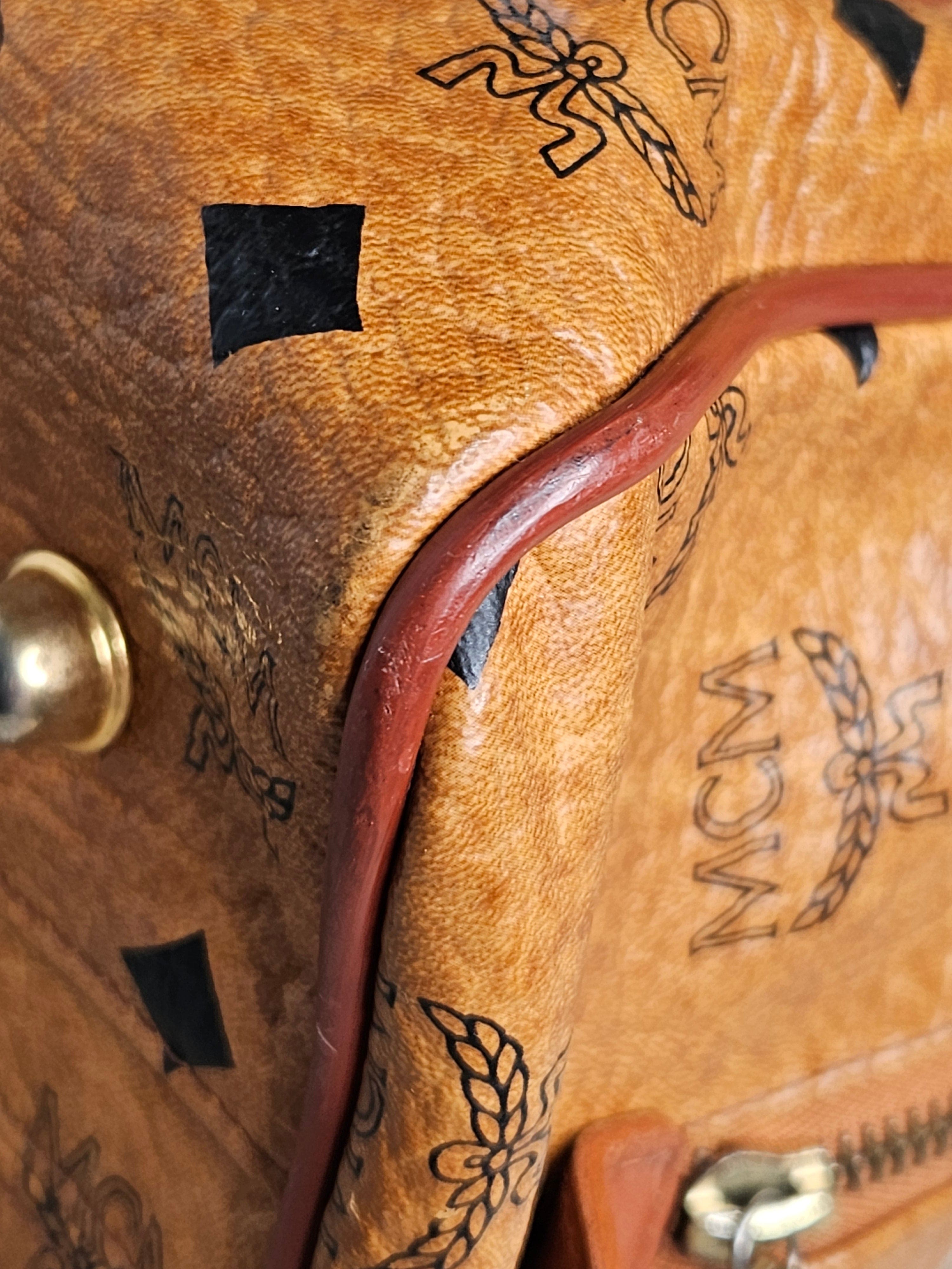 MCM Logo Printed Boston Bag – Neutral Leather | Gold Hardware | Pre-Owned