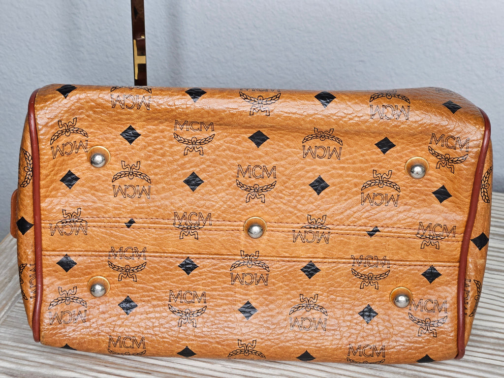 MCM Logo Printed Boston Bag – Neutral Leather | Gold Hardware | Pre-Owned