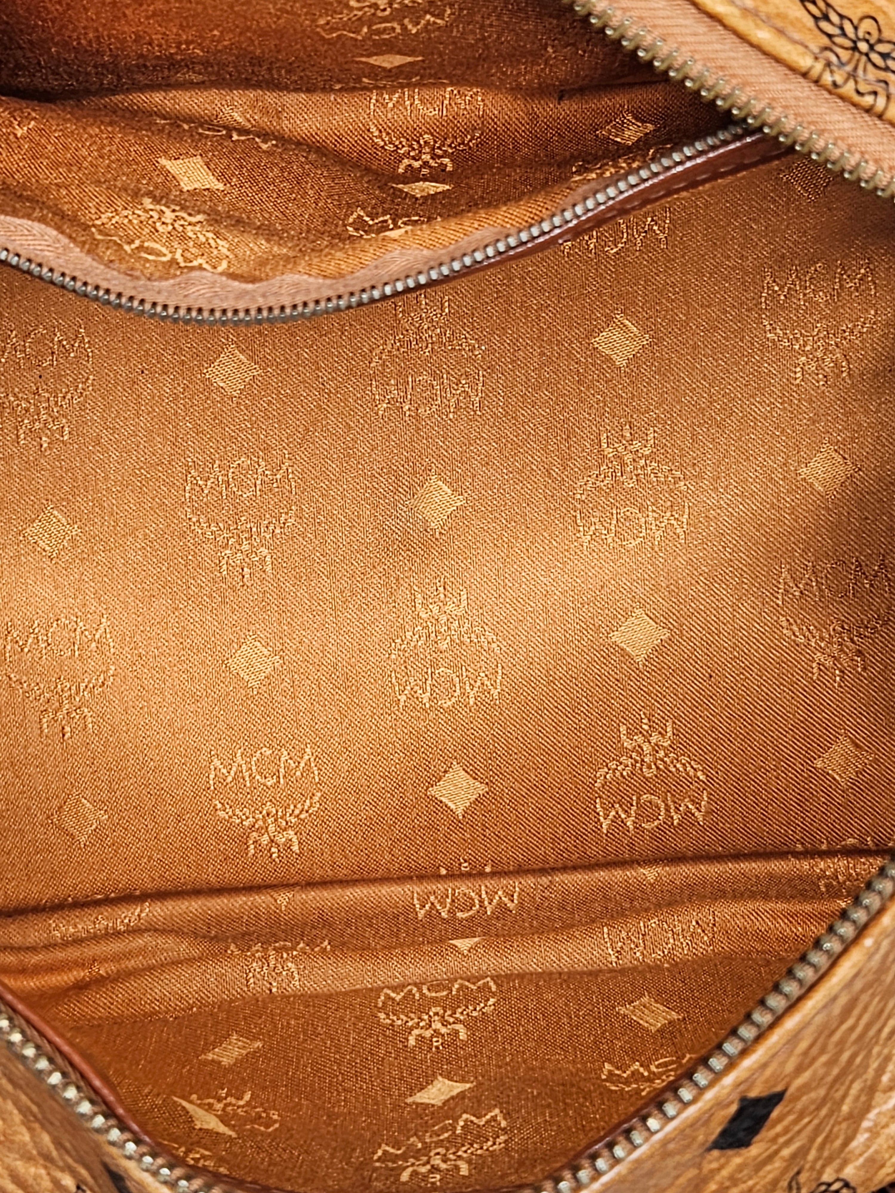 MCM Logo Printed Boston Bag – Neutral Leather | Gold Hardware | Pre-Owned