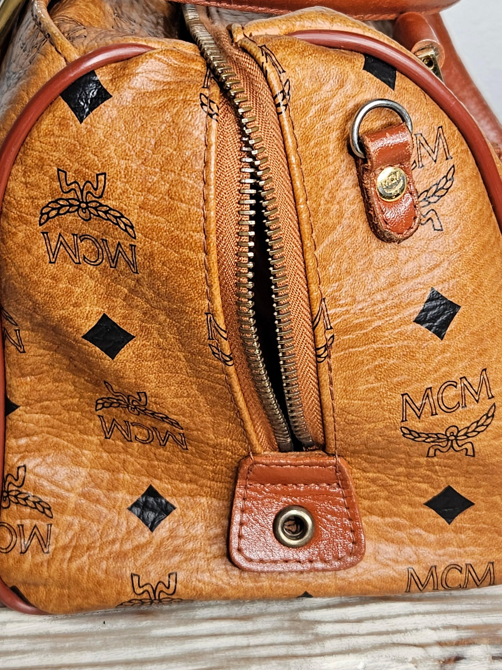 MCM Logo Printed Boston Bag – Neutral Leather | Gold Hardware | Pre-Owned