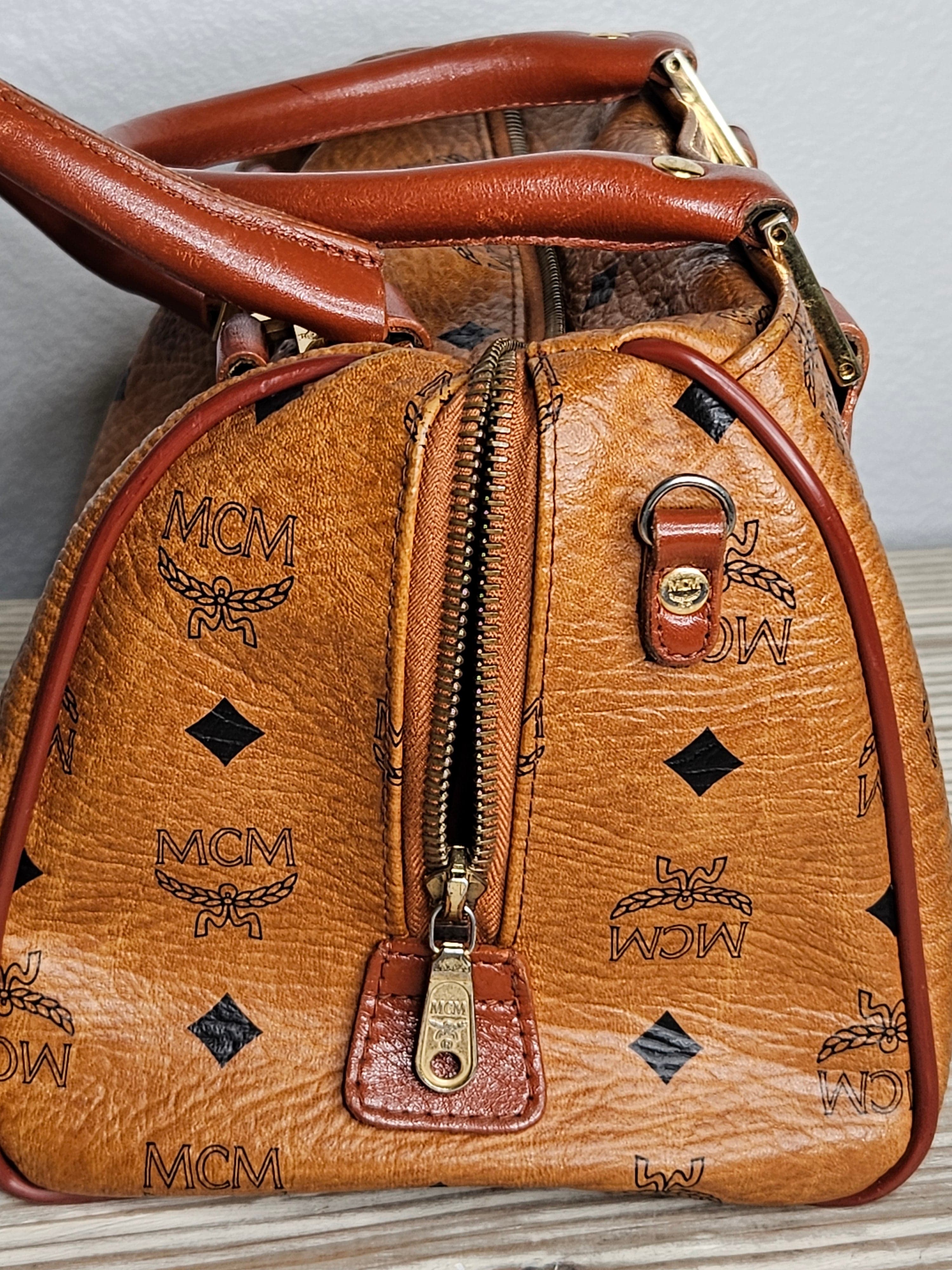 MCM Logo Printed Boston Bag – Neutral Leather | Gold Hardware | Pre-Owned