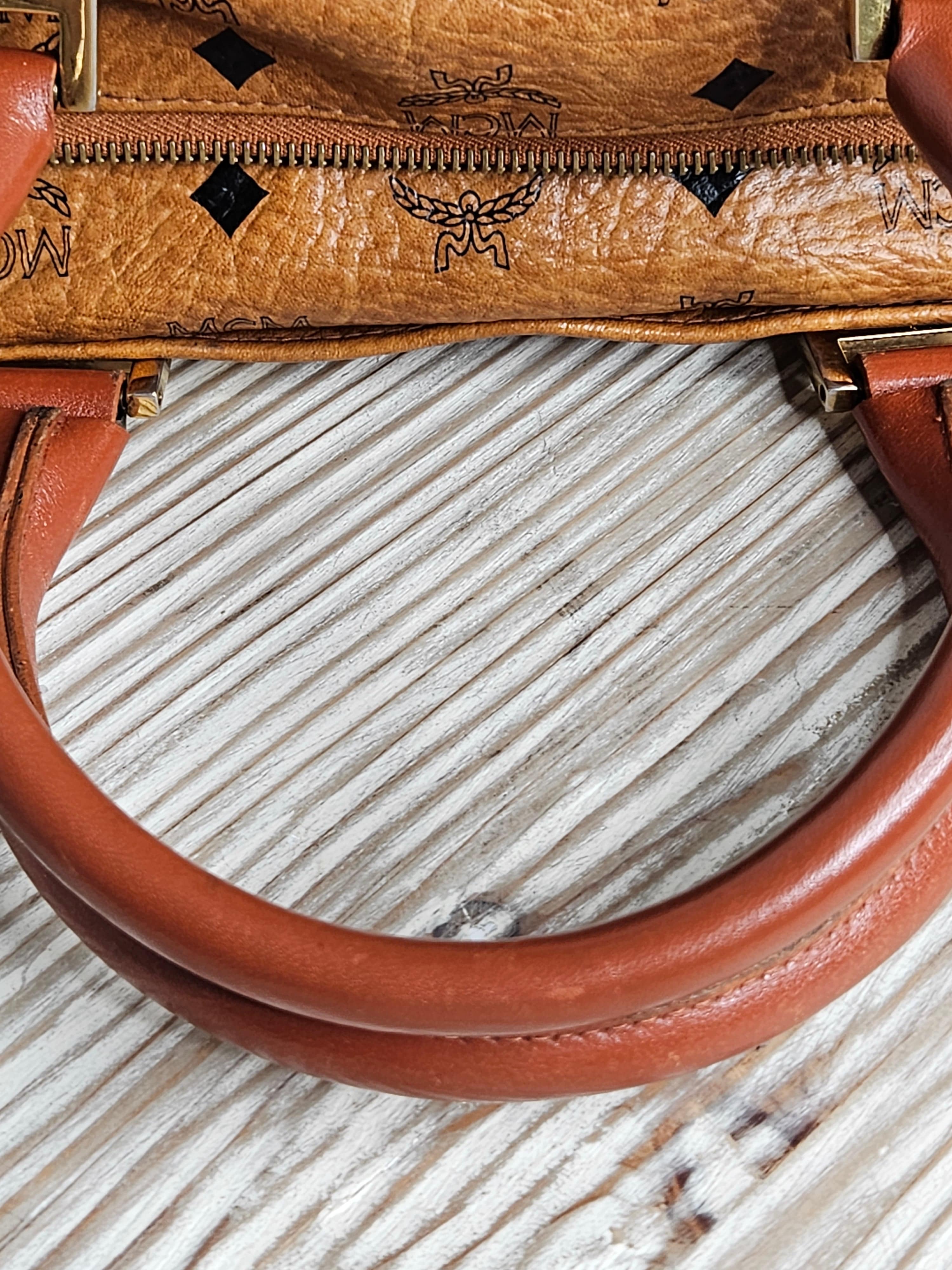 MCM Logo Printed Boston Bag – Neutral Leather | Gold Hardware | Pre-Owned