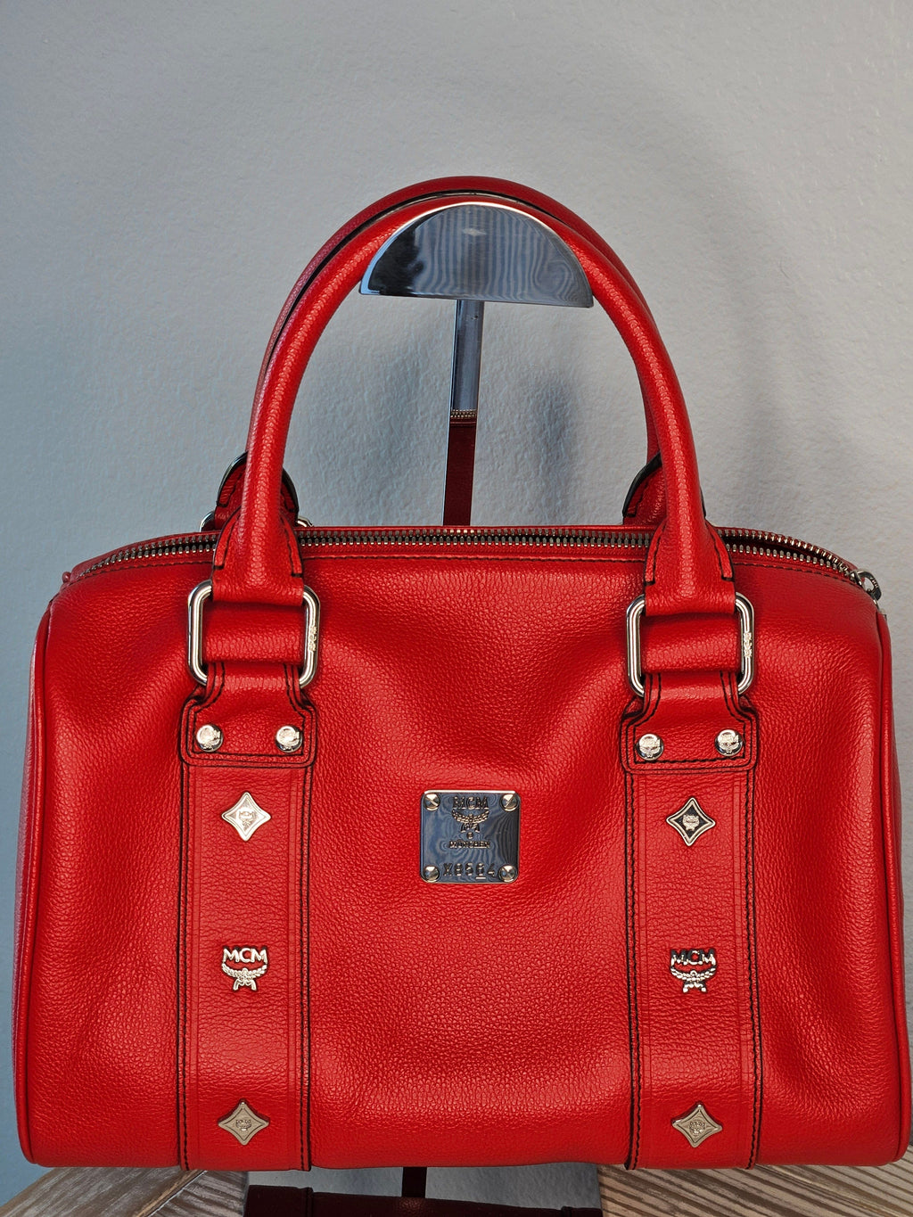 MCM Studded Boston Bag – Red Leather Maxi Monogram | Pre-Owned