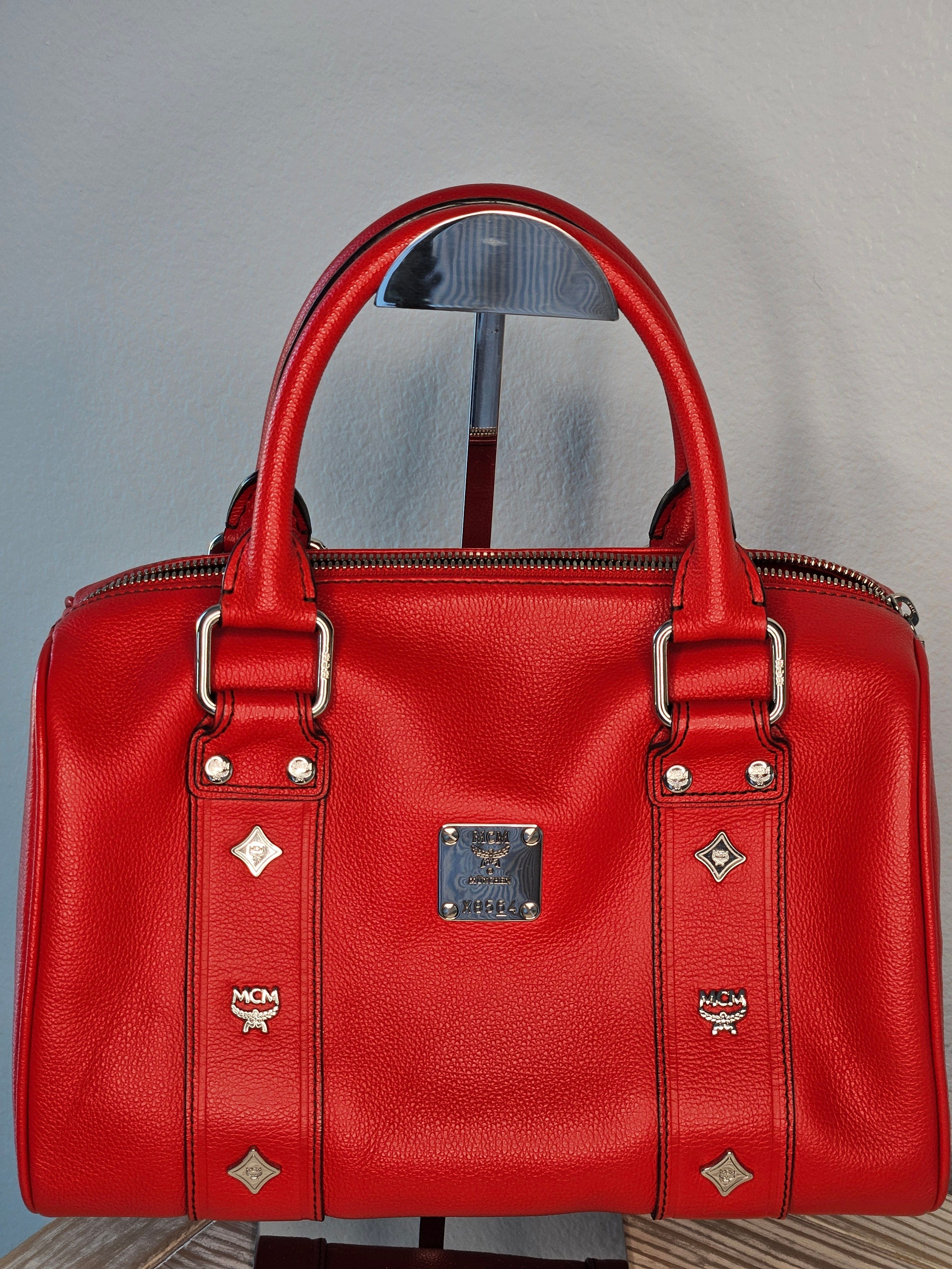 MCM Studded Boston Bag – Red Leather Maxi Monogram | Pre-Owned