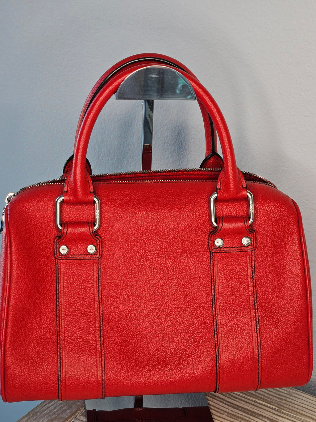 MCM Studded Boston Bag – Red Leather Maxi Monogram | Pre-Owned