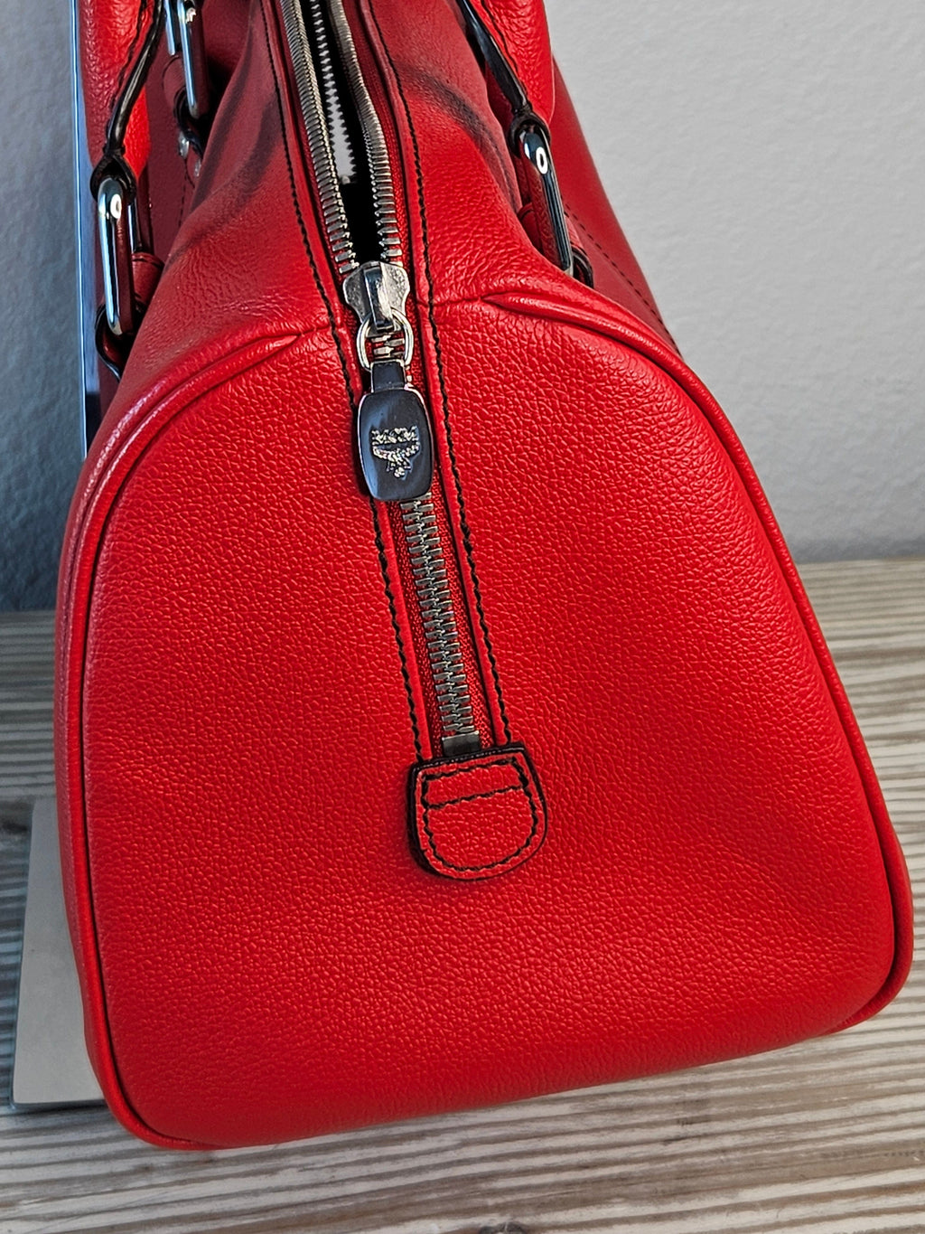 MCM Studded Boston Bag – Red Leather Maxi Monogram | Pre-Owned
