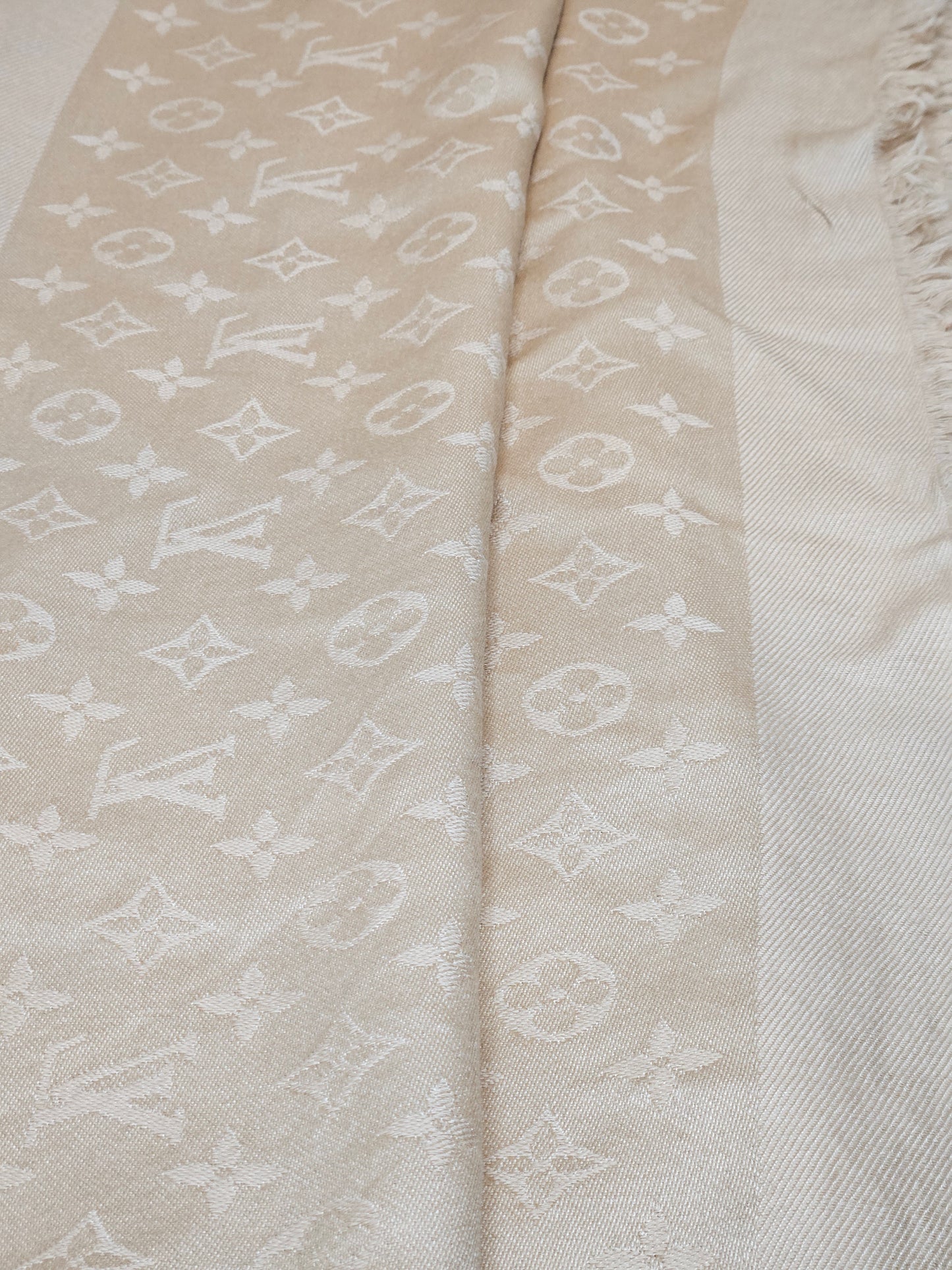 front Louis Vuitton Classic Monogram Silk and Wool Shawl Tan