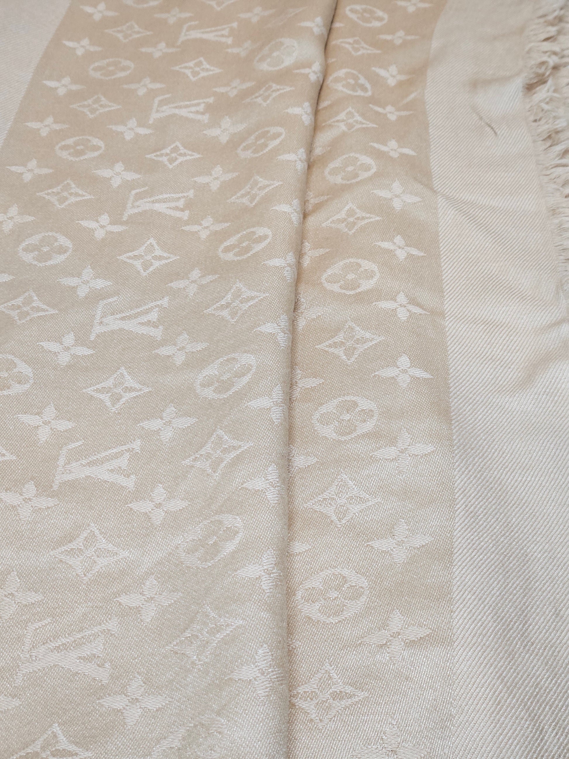 front Louis Vuitton Classic Monogram Silk and Wool Shawl Tan