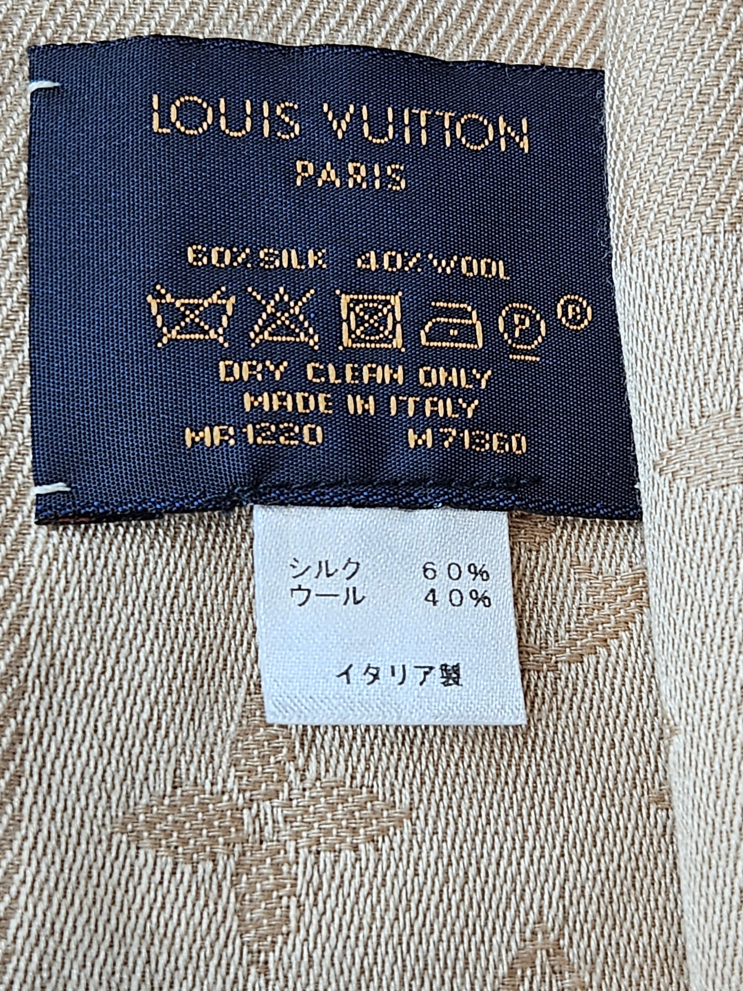 tag Louis Vuitton Classic Monogram Silk and Wool Shawl Tan