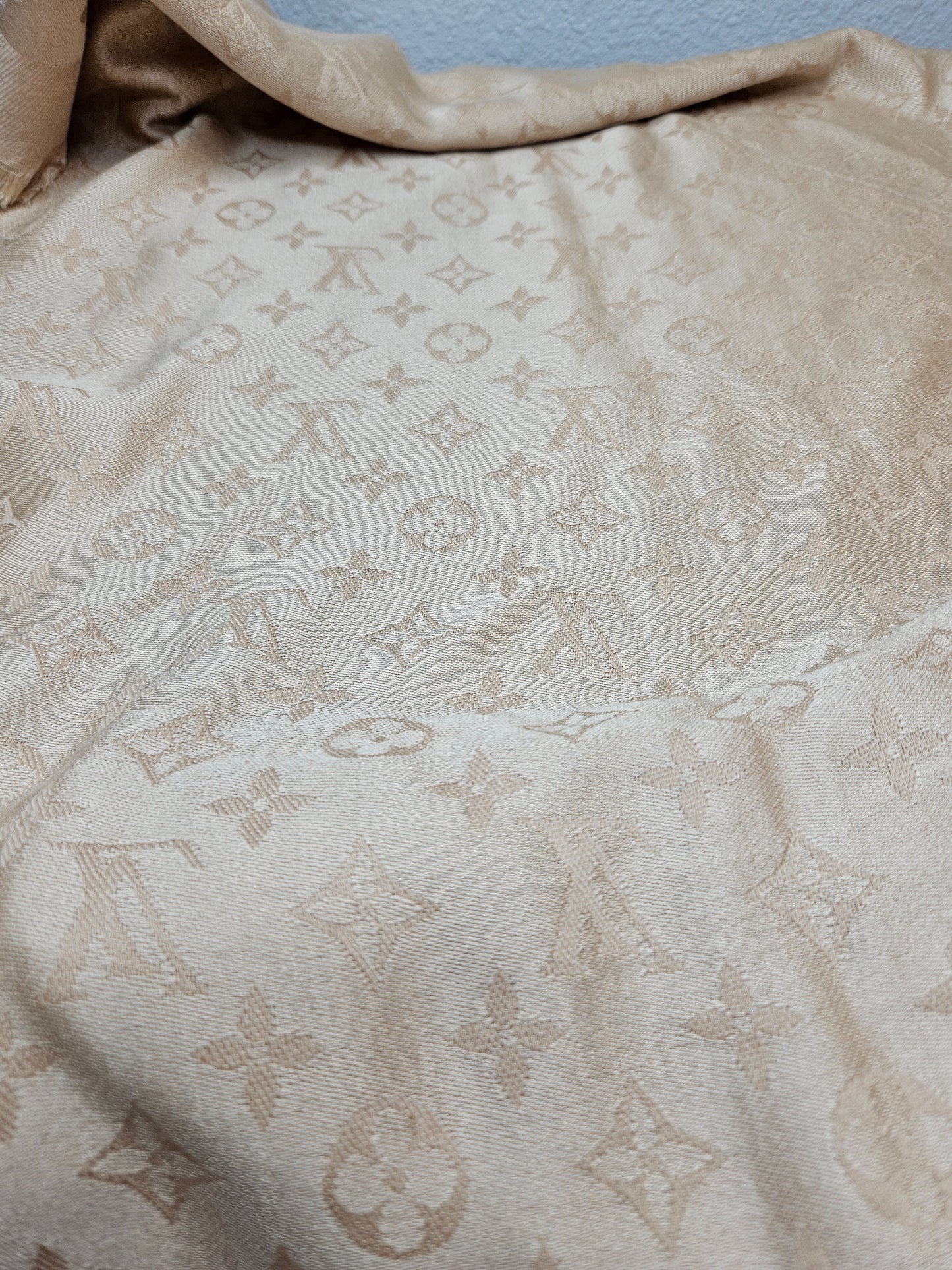 stitching Louis Vuitton Classic Monogram Silk and Wool Shawl Tan