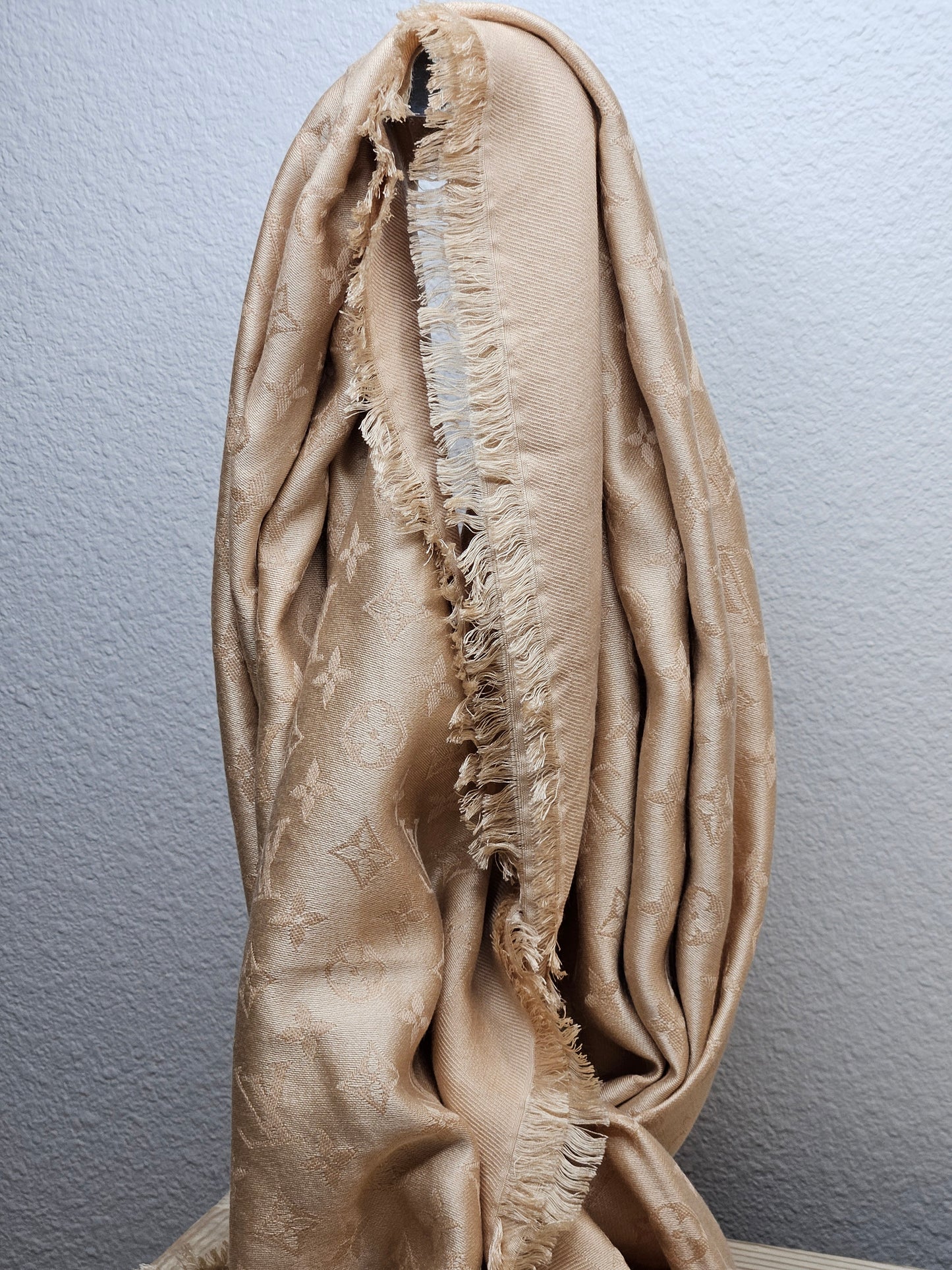 back Louis Vuitton Classic Monogram Silk and Wool Shawl Tan