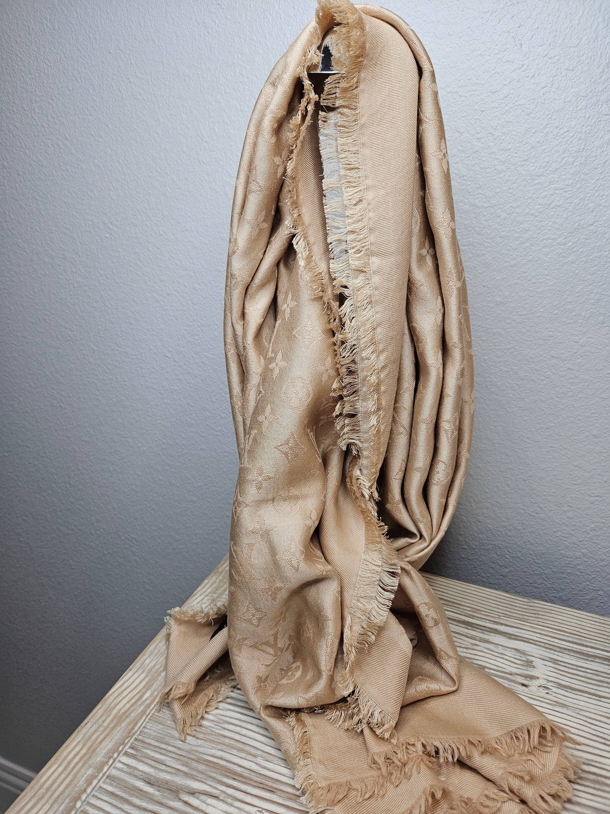 Louis Vuitton Classic Monogram Silk and Wool Shawl Tan